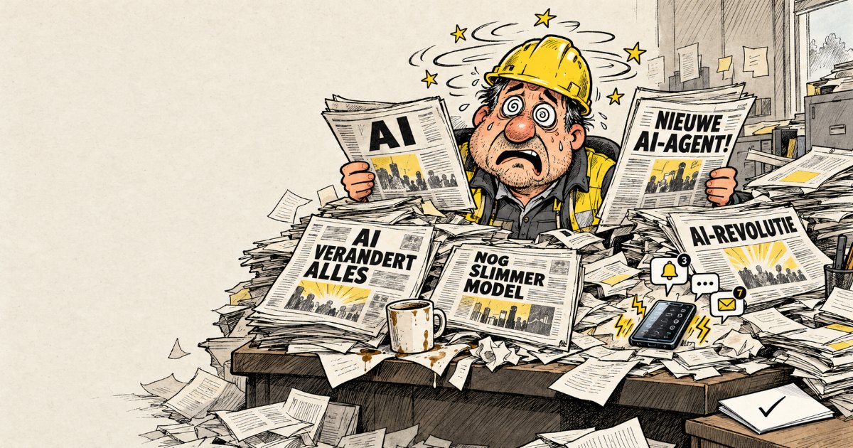 Cartoon van een installateur met gele helm achter een bureau dat bedolven is onder stapels kranten met koppen als AI verandert alles en Nieuwe AI-agent!. Zijn ogen draaien rond en er cirkelen sterretjes om zijn hoofd. In de hoek ligt één net vel papier met een vinkje.