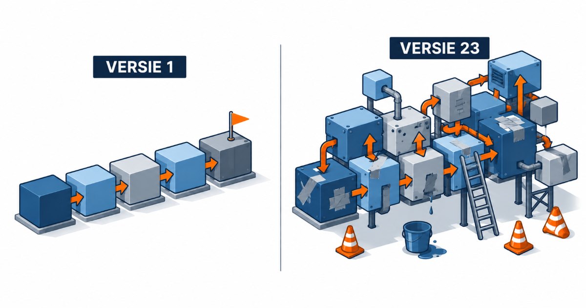 Isometrische illustratie in twee helften. Links, onder het label "VERSIE 1", een nette rij van vijf blokken verbonden door oranje pijlen, met een vlaggetje. Rechts, onder "VERSIE 23", hetzelfde bouwwerk vol aanbouwsels, tape, pijlen alle kanten op, een ladder, een emmer onder een lek en oranje pionnen.