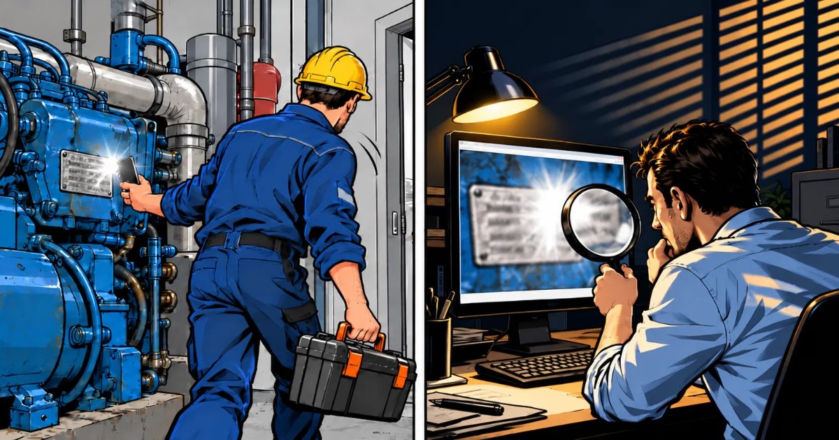 Stripplaat in twee panelen. Links maakt een monteur met gele helm haastig een foto van een typeplaatje op een blauwe motor, met de flits fel op het plaatje. Rechts tuurt iemand 's avonds op kantoor met een loep naar diezelfde foto op zijn scherm, die wazig en overbelicht is.
