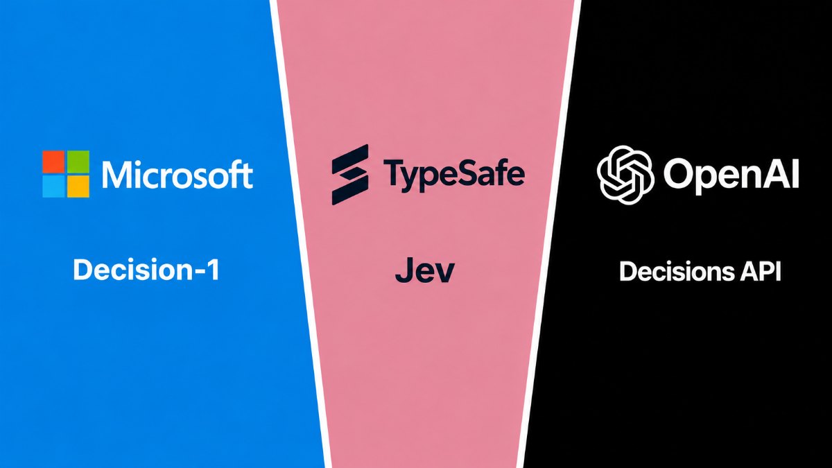 Drie schuine vlakken naast elkaar: links blauw met het Microsoft-logo en Decision-1, in het midden roze met het TypeSafe-logo en Jev, rechts zwart met het OpenAI-logo en Decisions API.